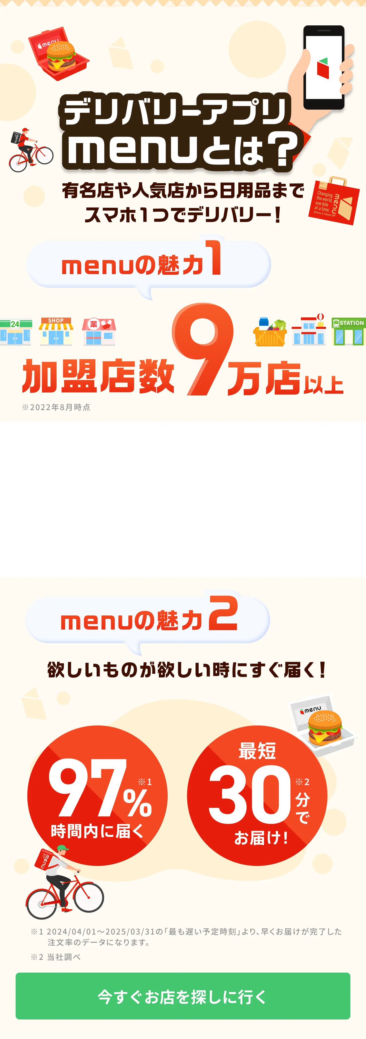 デリバリーアプリmenuとは？有名店や人気店から日用品までスマホ1つでデリバリー！menuの魅力1 加盟店数9万店以上 ※2022年8月時点 menuの魅力2 欲しいものが欲しい時にすぐ届く！97%※1時間内に届く最短30分※2でお届け！※1 2024/04/01~2025/03/31の「最も遅い予定時刻」より、早くお届けが完了した注文率のデータになります。※2 当社調べ