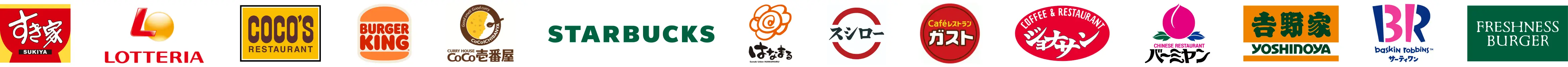 すき家・ロッテリア・ココス・バーガーキング・CoCo壱番屋・スターバックス・はなまる・スシロー・Caféレストラン ガスト・ジョナサン・バーミヤン・吉野家・サーティワン・フレッシュネスバーガー